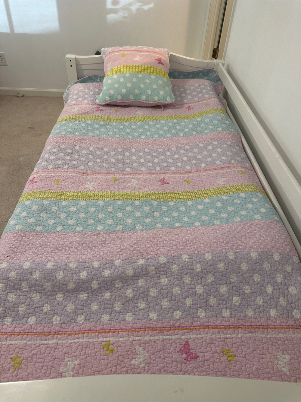 100% Cotton Pastel Polka Dot Twin Quilt Set w/ Accent Pillow | Butterfly Bedding